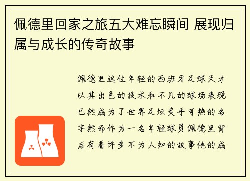 佩德里回家之旅五大难忘瞬间 展现归属与成长的传奇故事