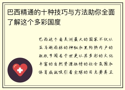 巴西精通的十种技巧与方法助你全面了解这个多彩国度