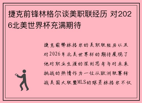 捷克前锋林格尔谈美职联经历 对2026北美世界杯充满期待 捷克前锋林格尔谈美职联经历 对2026北美世界杯充满期待